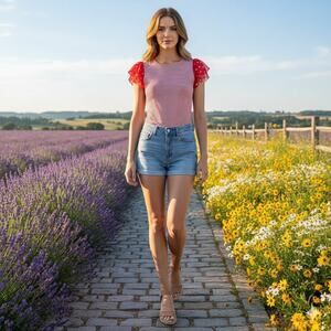 June Hudson Top Double Ruffle Red Striped